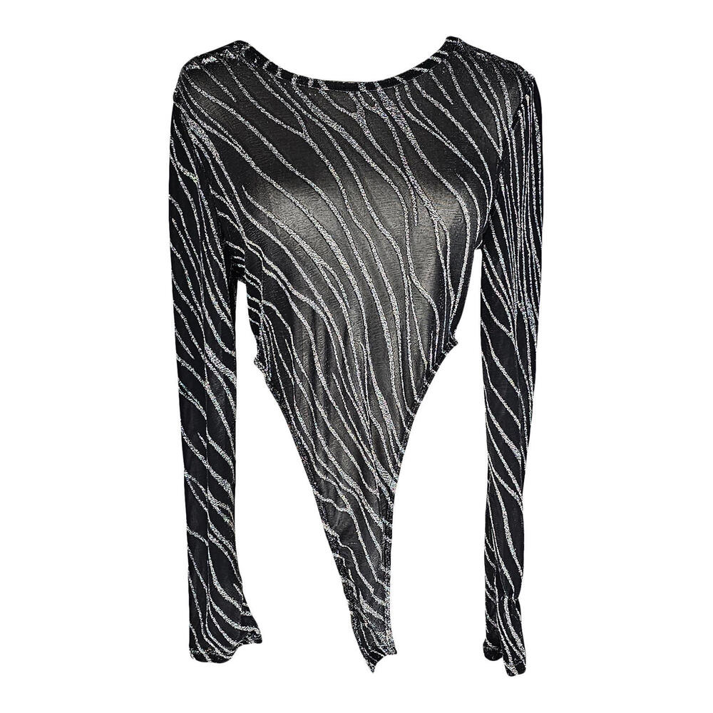 Shein Sleek Black and Silver Zebra Bodysuit - The Ultimate Shiny Sassy/L